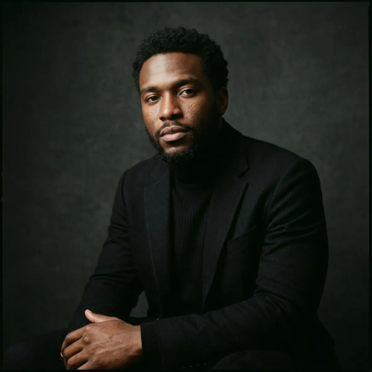 Man in black blazer with dignified, grounded presence in dark studio portrait