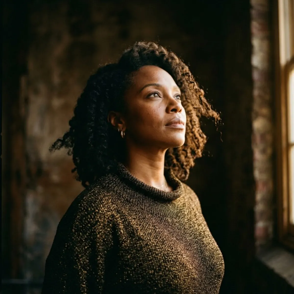 Woman bathed in golden window light looking upward with quiet optimism