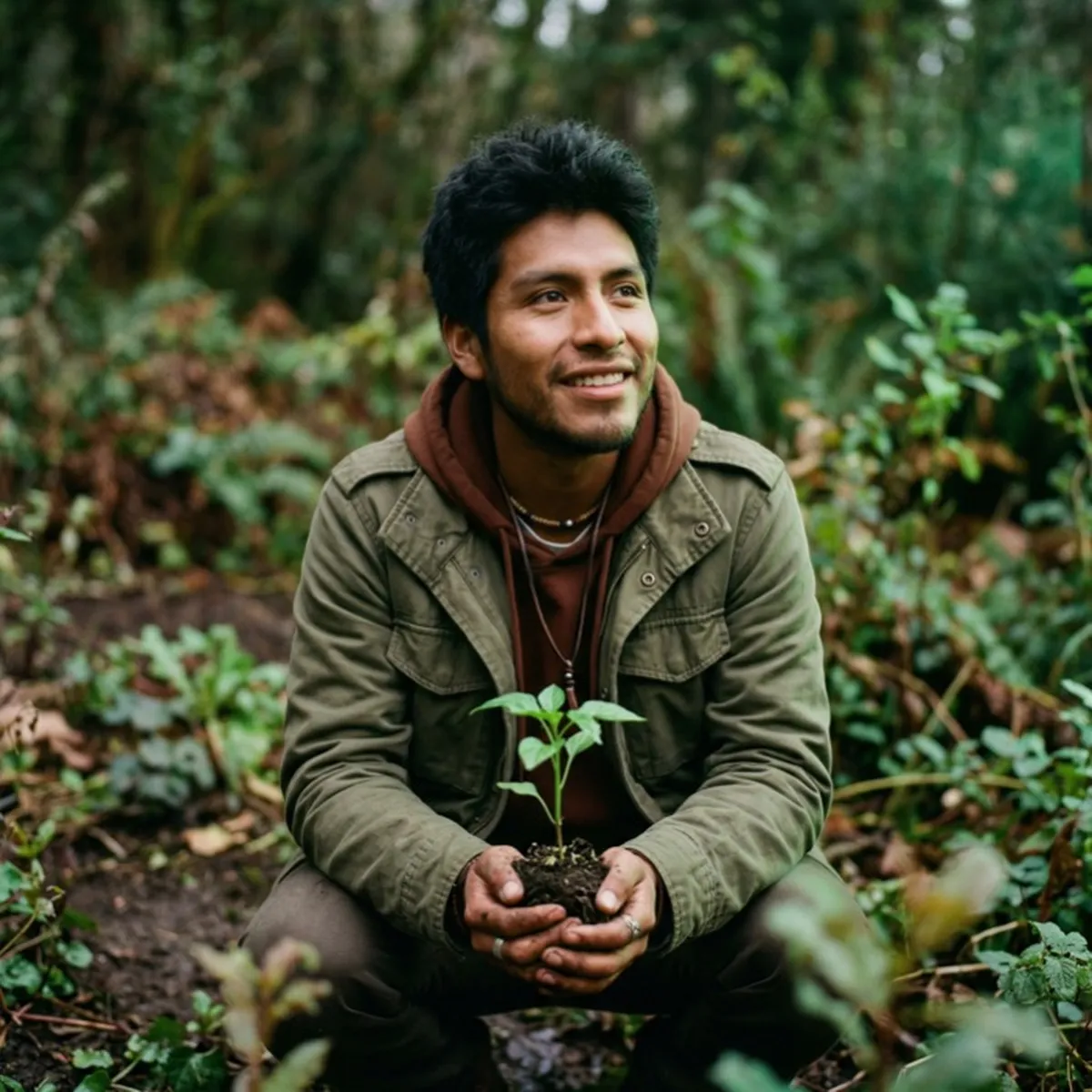 Man crouching in lush garden holding a seedling, growth and hope