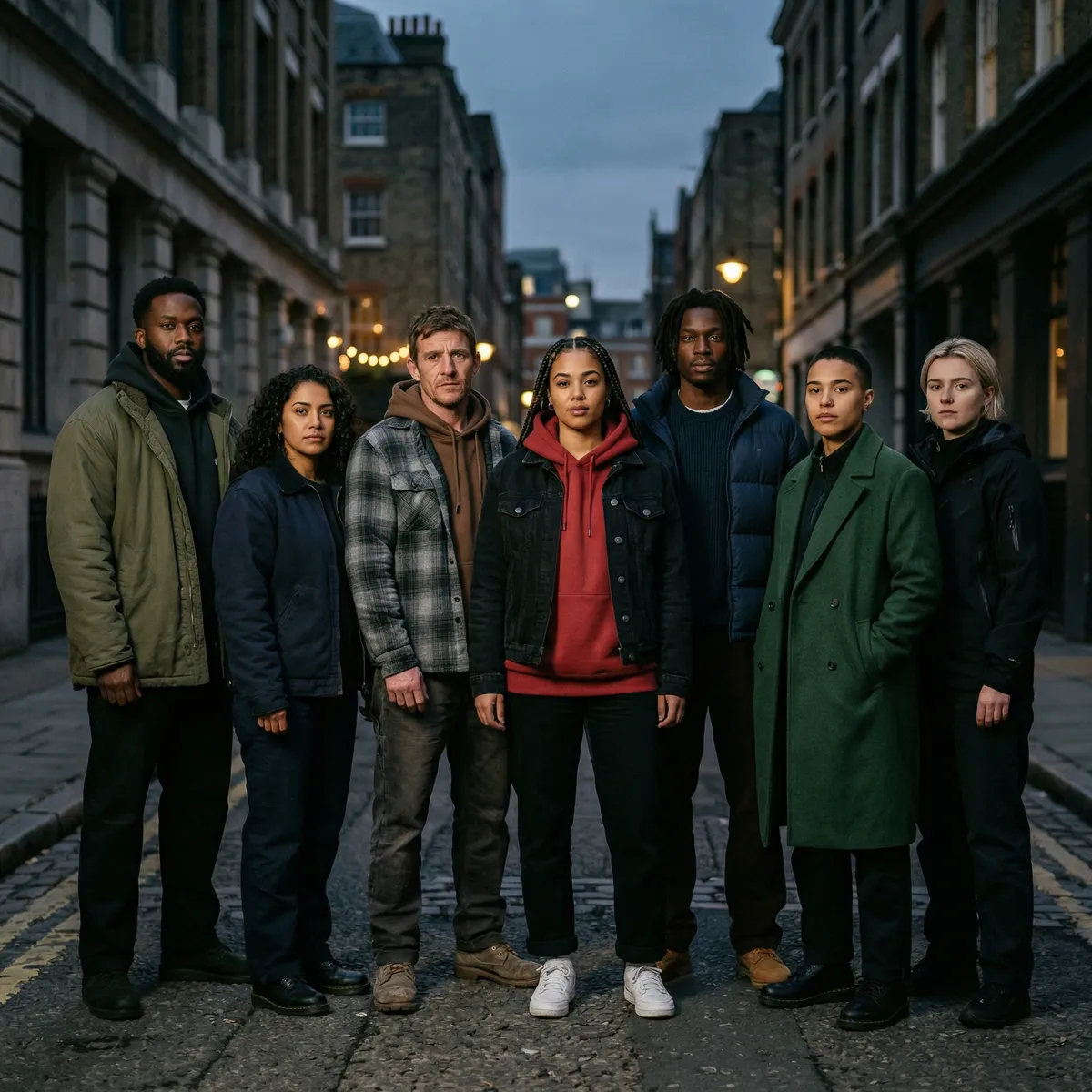 Seven diverse people standing together on a cobblestone street at dusk, united and grounded
