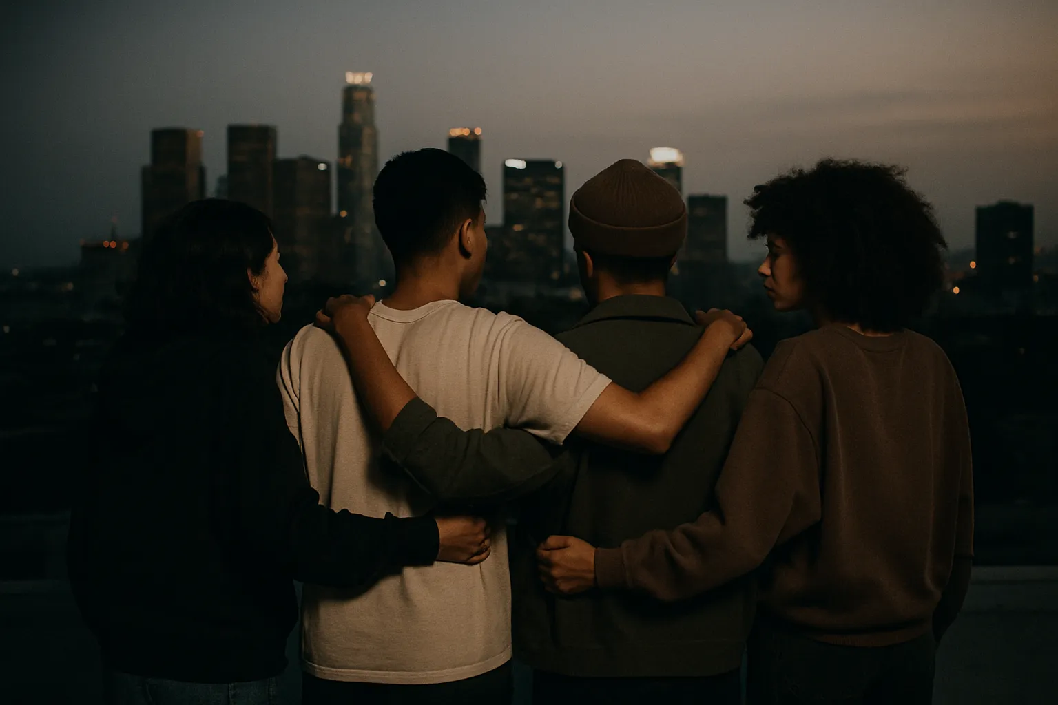 A diverse group standing close together on a rooftop at dusk, arms over shoulders, city skyline behind