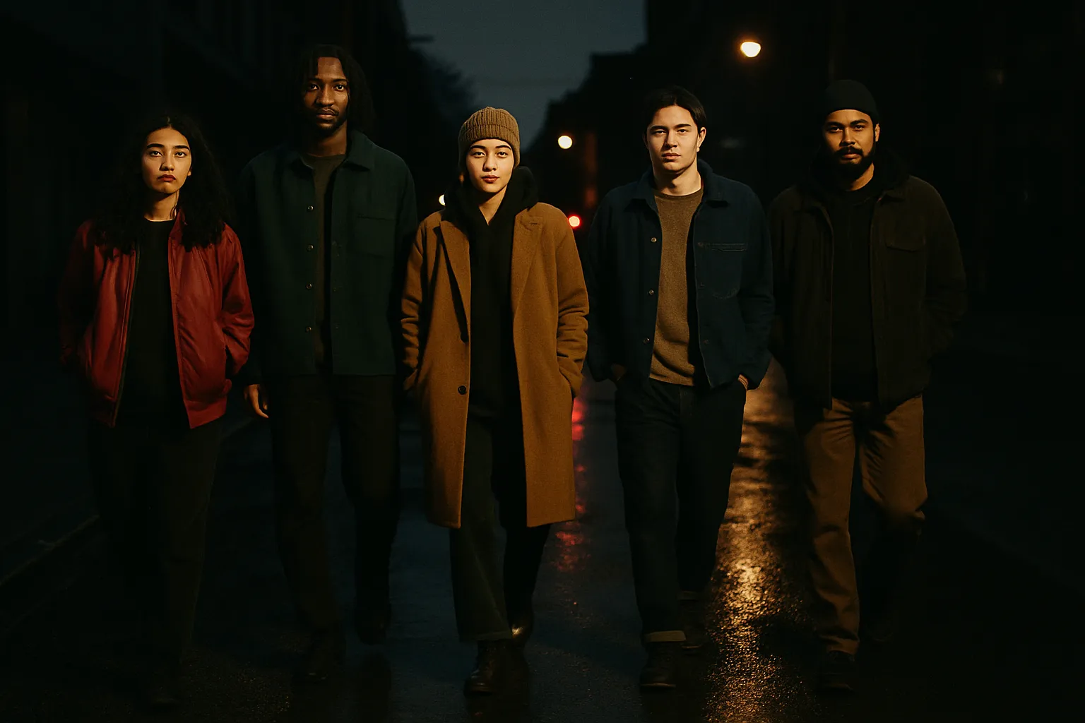 Five friends walking toward the camera on a wet city street at night, dressed in the coalition colors