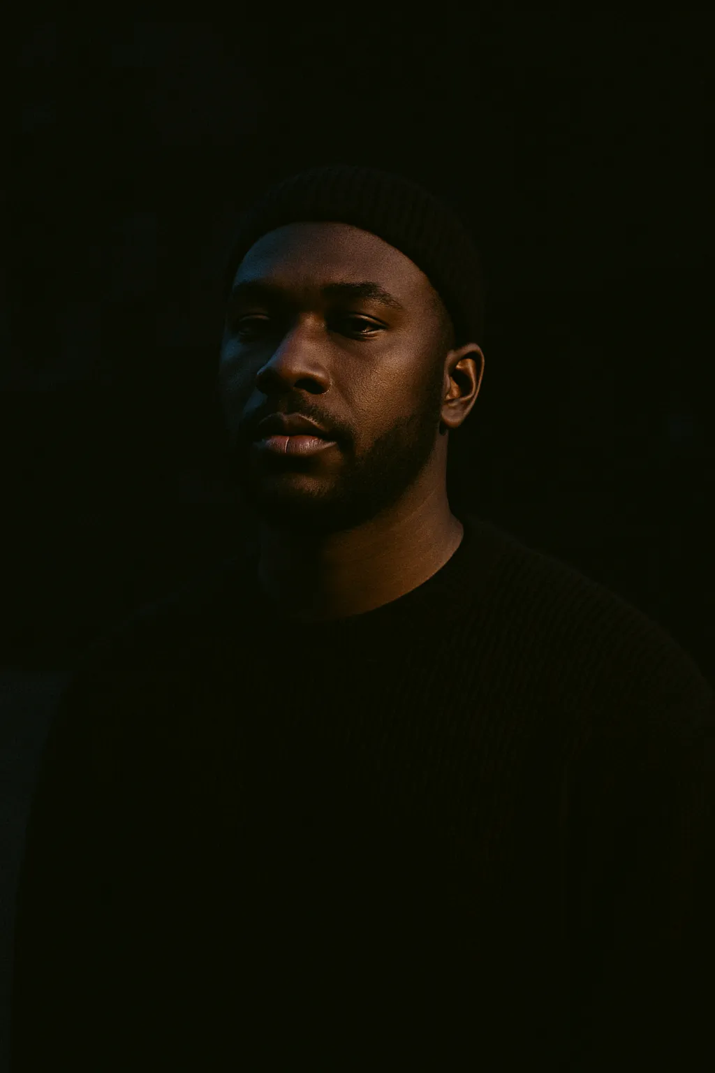 Man in black knitwear against deep shadow, half lit, calm and dignified