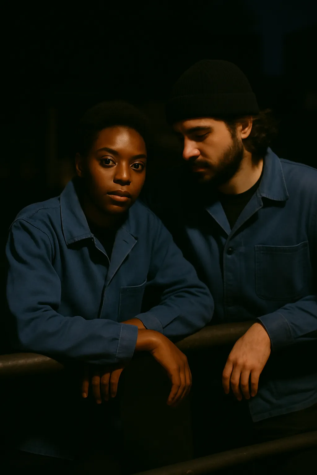 Two coworkers in blue workwear jackets leaning on an industrial rail at dusk