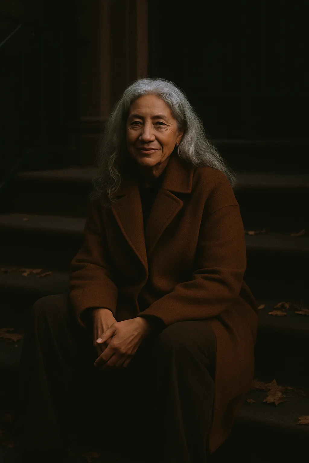 Older woman with silver hair in a warm brown coat sitting on a brownstone stoop in autumn