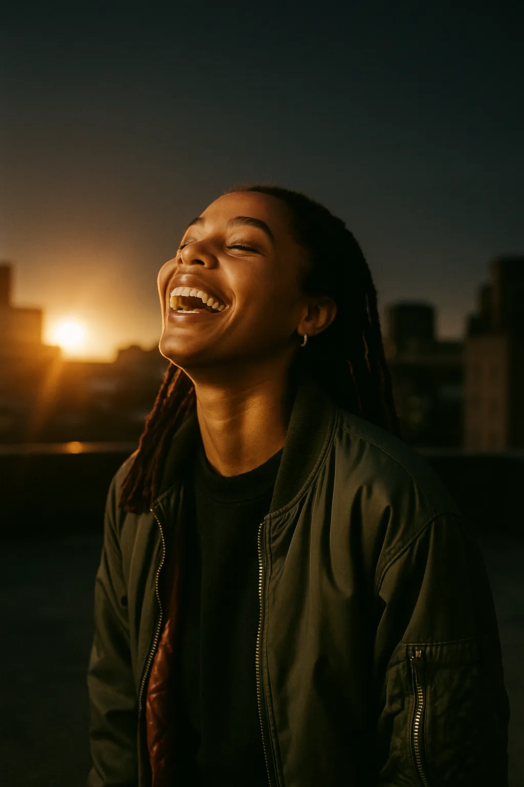 Woman laughing on a rooftop in golden hour light, head tilted toward the sun
