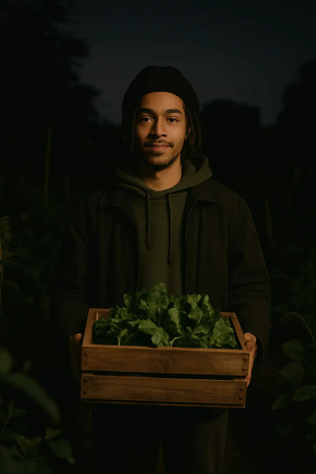 Young man in a community garden at dawn holding a wooden crate of fresh greens
