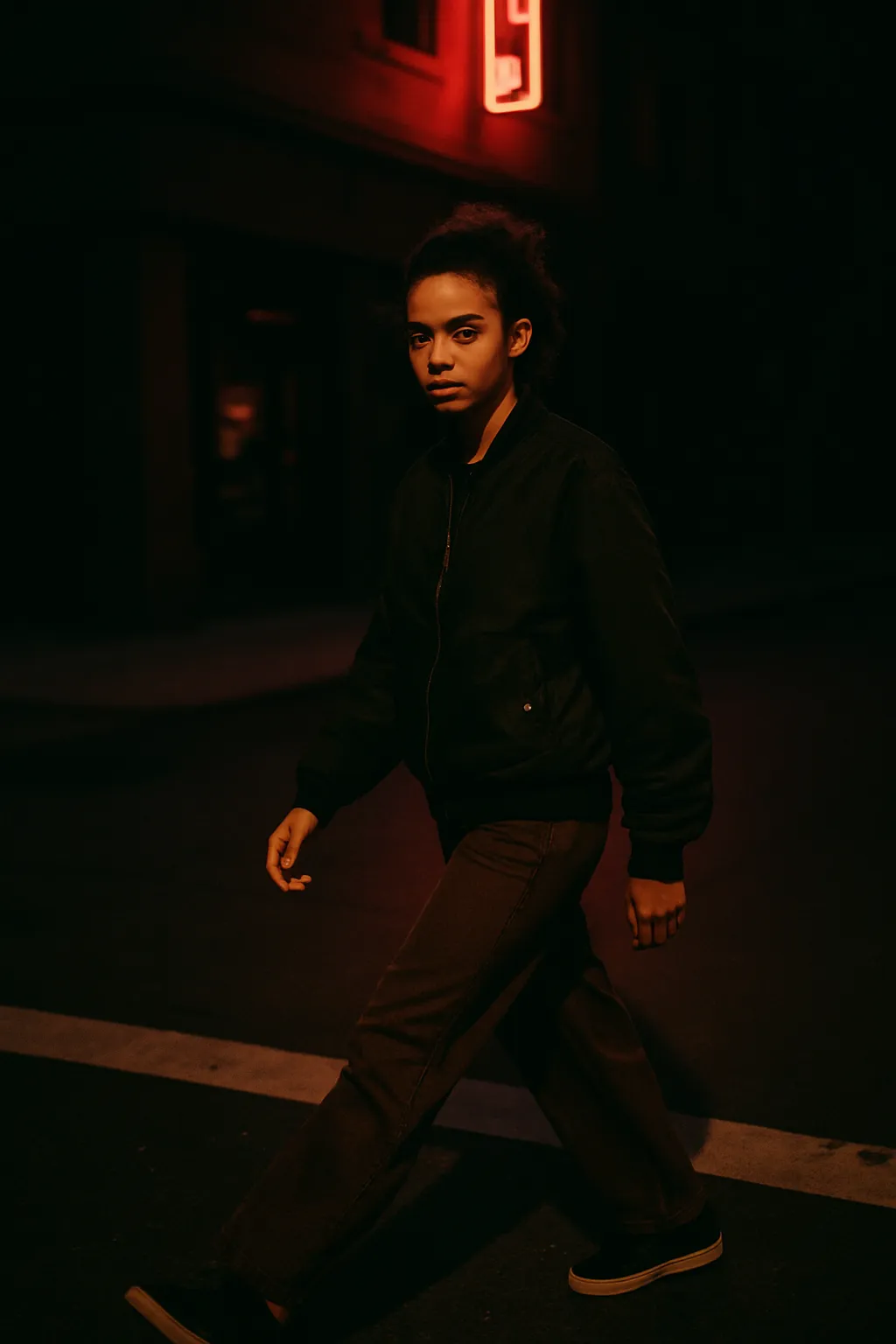 Young woman crossing a night street washed in red neon light, looking straight into the camera